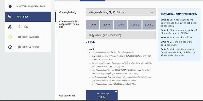 Giao diện nạp tiền sau khi xác minh chính chủ